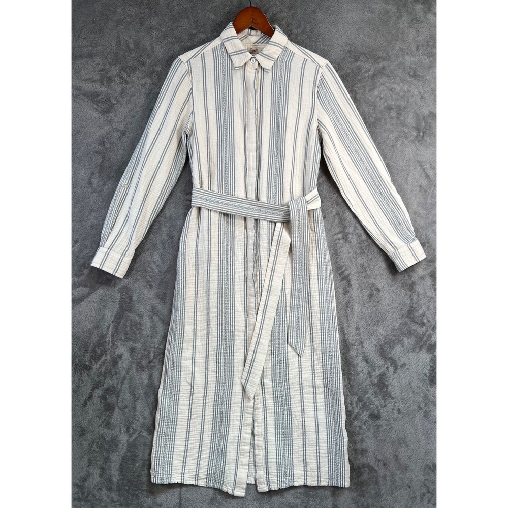 Faherty Organic Cotton Shirt Dress XS Blue Cream Stripe Gauze Belted Coastal